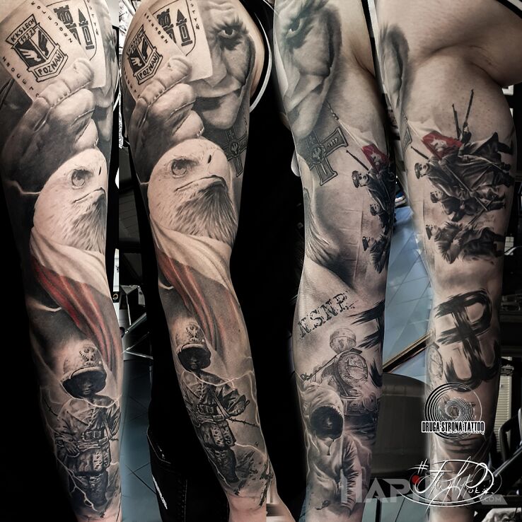 Tattoo Patriotyczny rękaw - Orzeł, Polska Walcząca, Żołnierz, Flaga, Lech Poznań, Kolejorz in sleeves motif and realistic style on the bicep