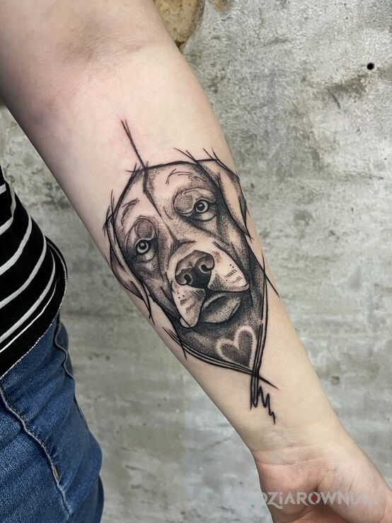 Tatuaż psiak w motywie czarno-szare i stylu graficzne / ilustracyjne na przedramieniu