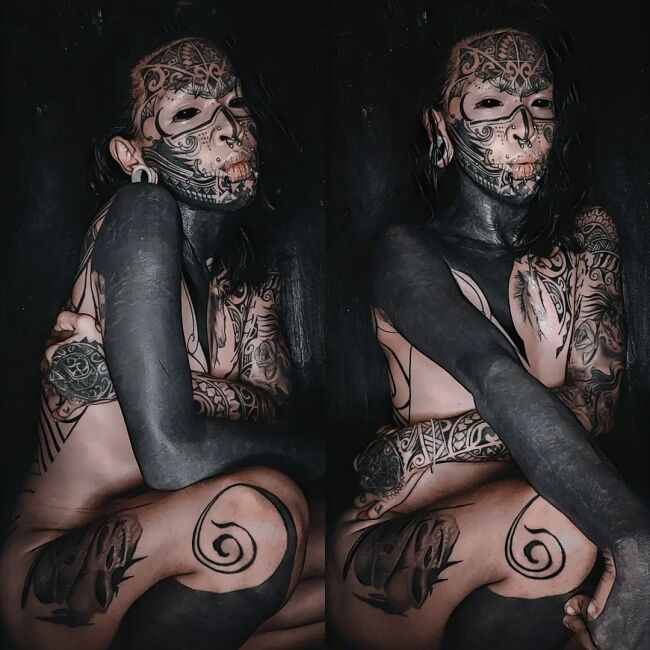 DeeDee Villegas z polinezyjskimi tatuażami na całym ciele