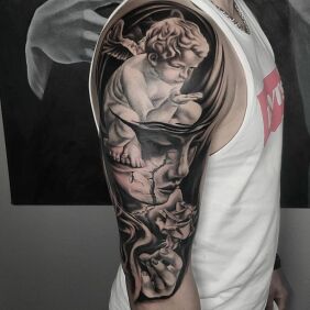Tattoo Cupid on the bicep motif: faces style: realistic