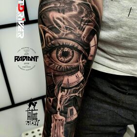 Tattoo Eye trapped in a clock on the forearm motif: objects style: realistic