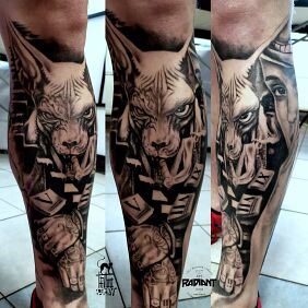 Tattoo Boss cat on the calf motif: characters style: realistic