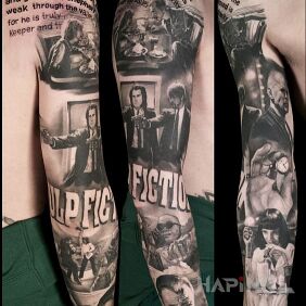 Tattoo Pulp Fiction Movie on the shoulder motif: black and gray style: realistic