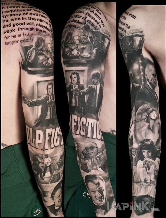 Tattoo Film Pulp Fiction in faces motif and realistic style On the arm