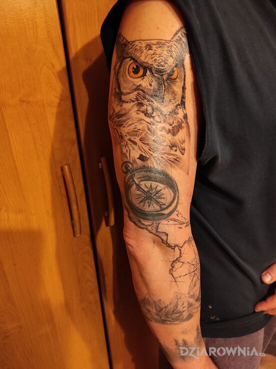 Tatuaż sowa natura geografia w motywie zwierzęta i stylu realistyczne na ramieniu
