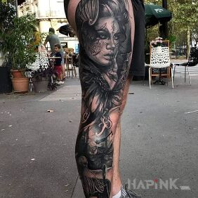 Tattoo Valkyria on the thigh motif: legsleeves style: realistic