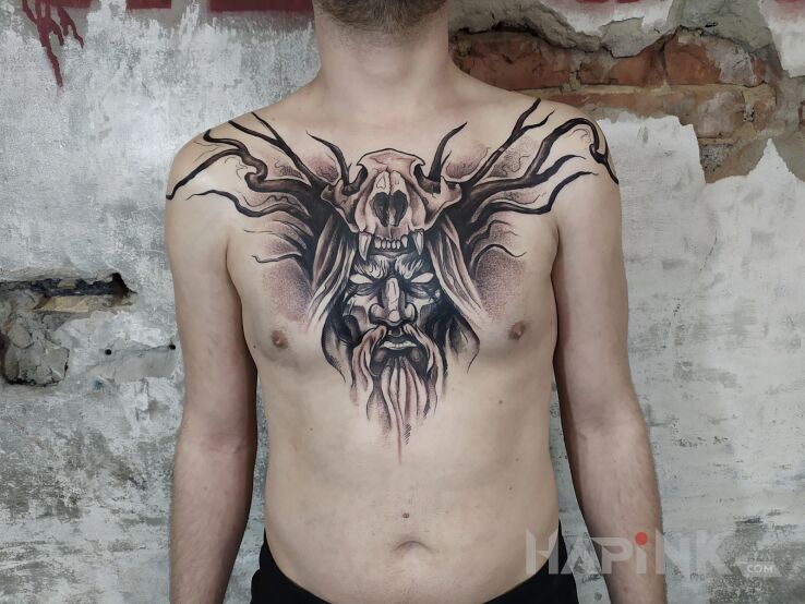 Tattoo Mroczny dziadyga in dark motif and graphic / illustrative style on the chest