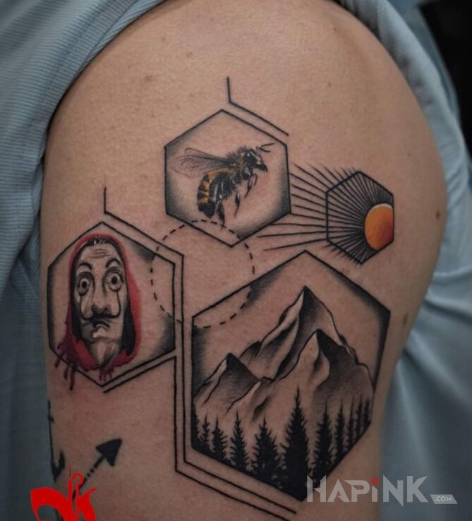 Tattoo Mój in black and gray motif and graphic / illustrative style on the upper arm