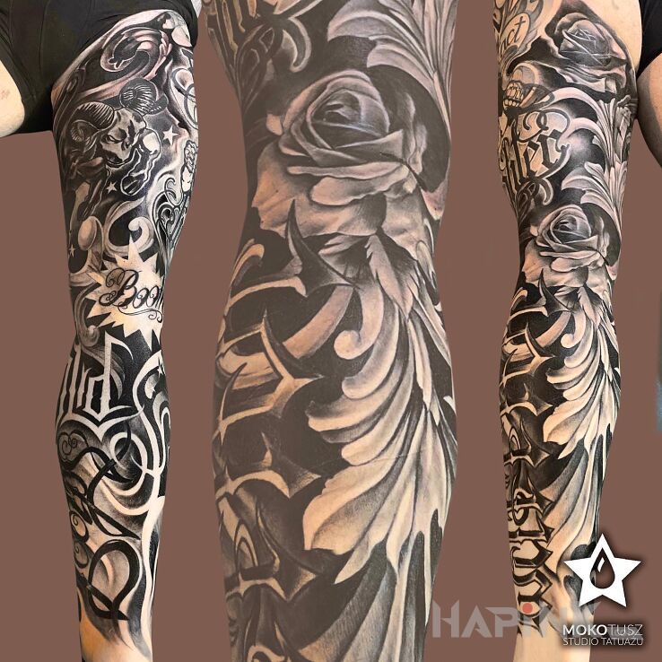 Tattoo Na jedną nóżkę... in floral motif and graphic / illustrative style on the calf