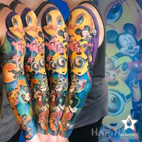 Tattoo Fairy tale sleeve on the forearm motif: characters style: cartoon / comic book