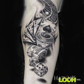 Tattoo Bones, cards, cash, roulette - Gambling on the forearm motif: 3D style: realistic