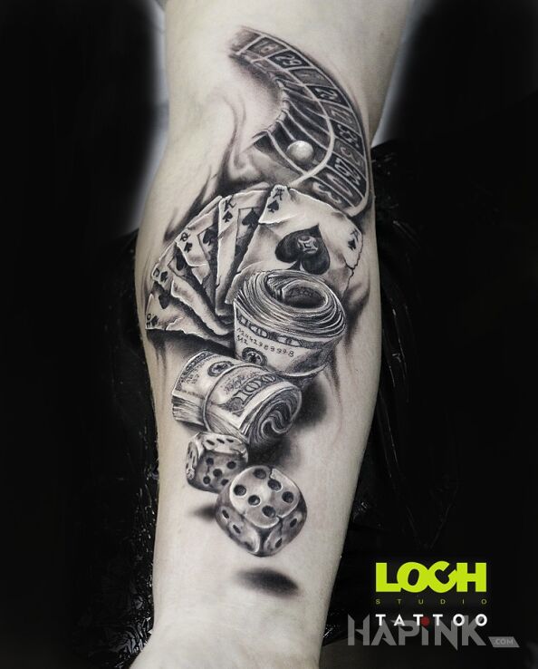 Tattoo Kości, karty, kasa, ruletka - Hazard in casino motif and realistic style On the arm