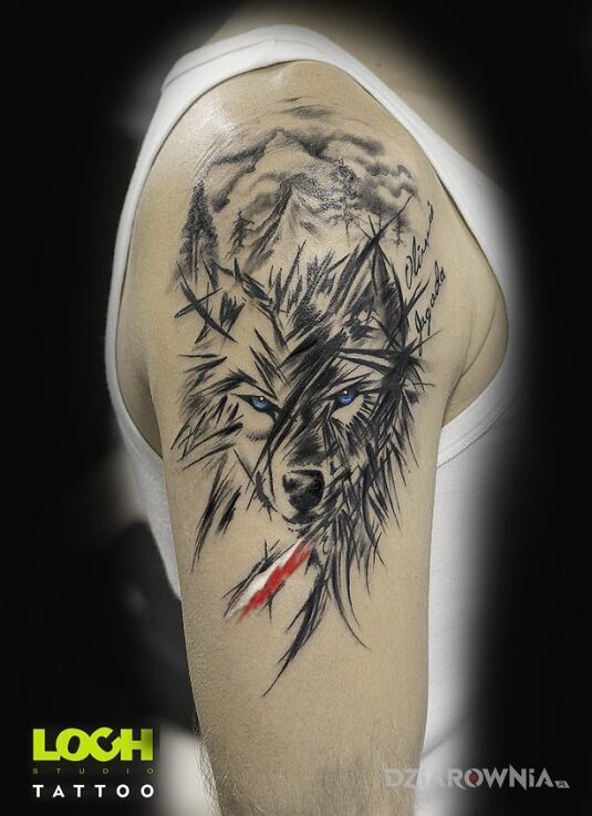 Tatuaż wilk kreskowy w motywie zwierzęta i stylu szkic na ramieniu