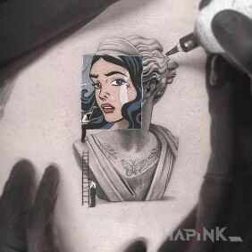 Tattoo Modern art on the ribs motif: faces style: cartoon / comic book