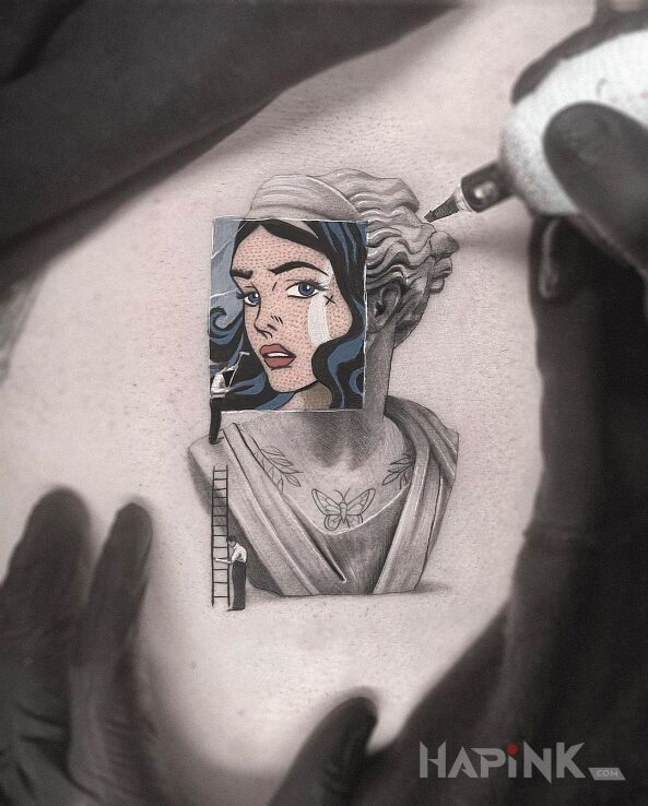 Tattoo Sztuka nowoczesna in faces motif and cartoon / comic book style on the ribs