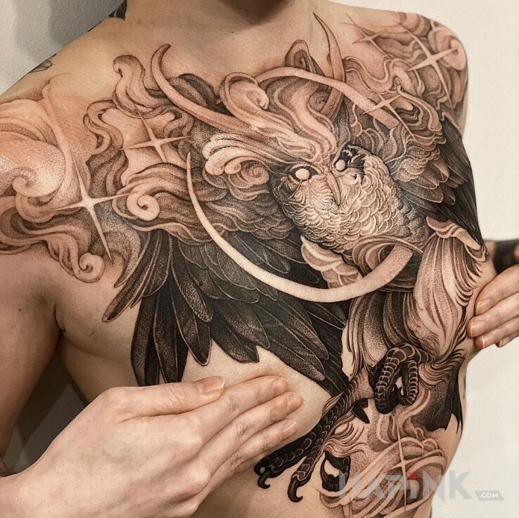 Tattoo Mistyczna sowa in fantasy motif and graphic / illustrative style on the chest