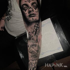 Tattoo Grave matters on the forearm motif: black and gray style: realistic