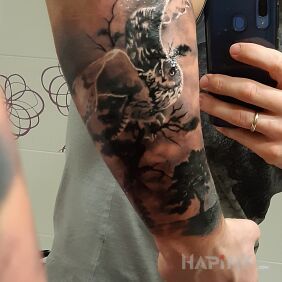 Tattoo Owl on the forearm motif: black and gray style: realistic