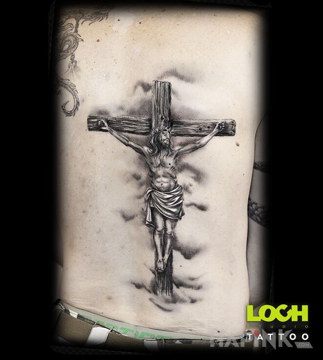 Tattoo Ukrzyżowanie. Jezus na krzyżu. in characters motif and realistic style on the back