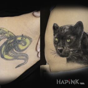 Tattoo Cover, Panther on the stomach motif: cover-up style: realistic