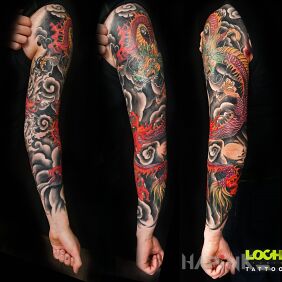 Tattoo Japanese sleeve, dragon:) On the arm motif: colorful style: japanese / irezumi