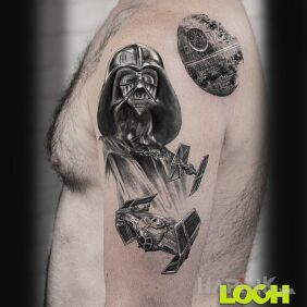 Tattoo Star Wars on the shoulder motif: black and gray style: realistic