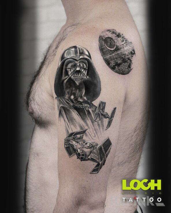 Tattoo Star Wars, Gwiezdne Wojny:) in characters motif and realistic style on the upper arm