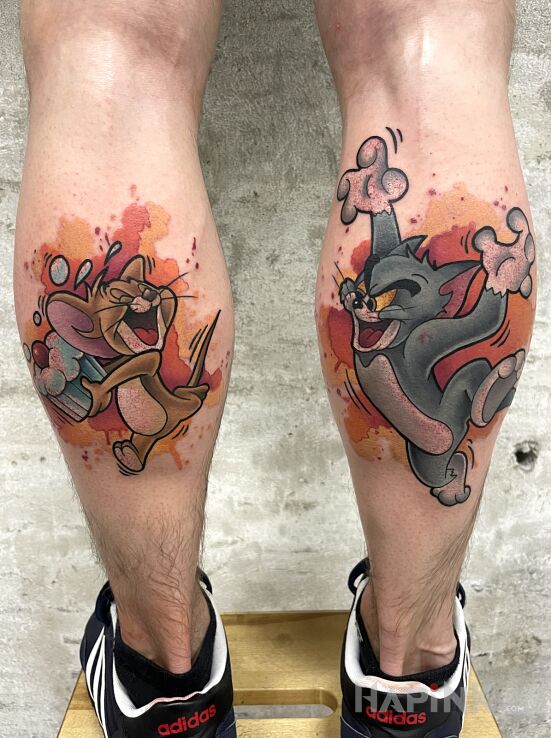 Tattoo Tom and Jerry in funny motif and Watercolor style on the leg