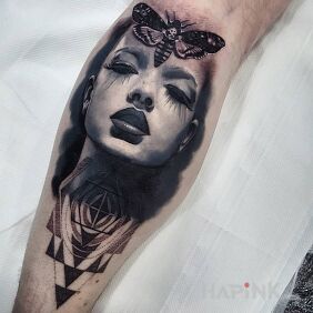 Tattoo Portrait of a woman on the calf motif: 3D style: realistic