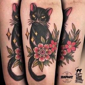 Tattoo Black kitty on the forearm motif: flowers style: graphic / illustrative