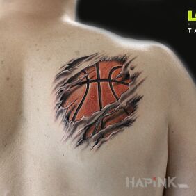 Tattoo Basketball:) Torn skin. on the shoulder blades motif: colorful style: realistic