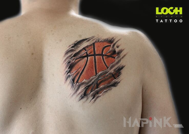 Tattoo Piłka do kosza:) Rozerwana skóra. in objects motif and realistic style on the shoulder blades