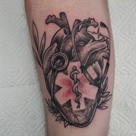 Tattoo Aesculapius on the calf motif: anatomical style: graphic / illustrative