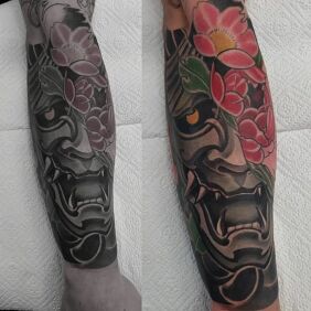 Tatuaż Hannya na przedramieniu motyw: kolorowe styl: japońskie / irezumi