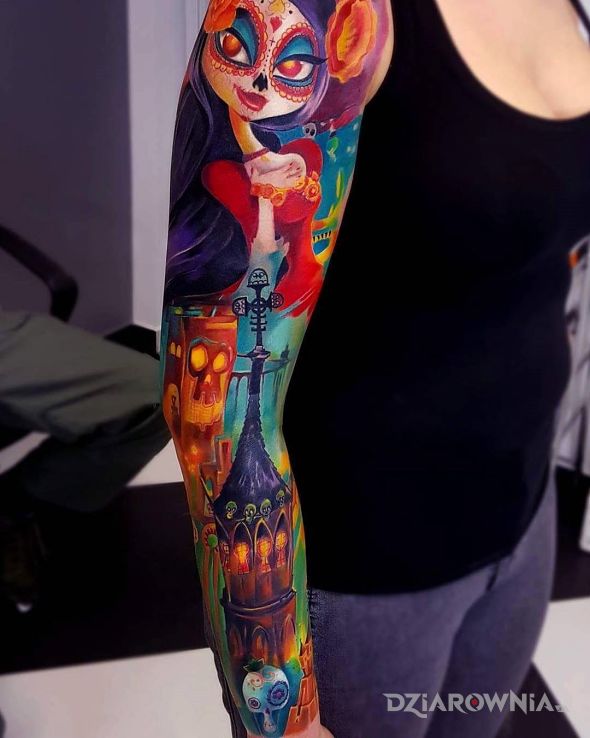Tatuaż rękaw pełen kolorów w motywie postacie na przedramieniu
