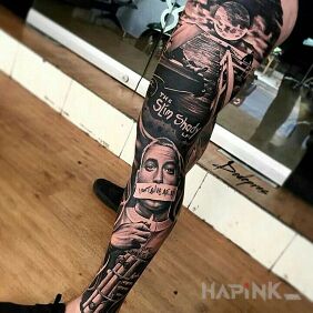 Tattoo Slim Shady on the thigh motif: black and gray style: realistic