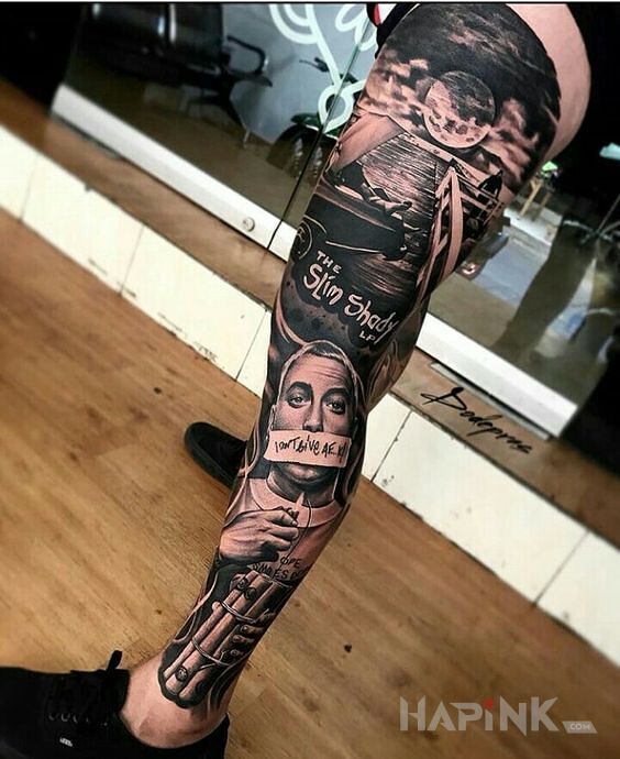 Tattoo Slim Shady in lettering motif and realistic style on the leg