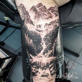 Tattoo Polish mountains, streams and valleys :D Nature on the bicep motif: black and gray style: realistic