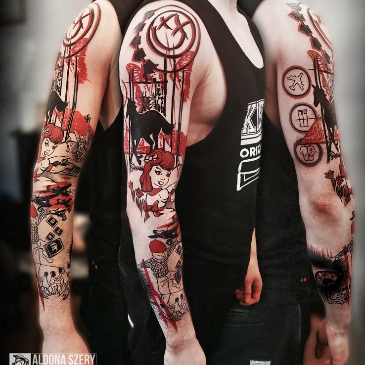 Tatuaż muzyczna trash polka zespoły w motywie rękawy i stylu graficzne / ilustracyjne na bicepsie