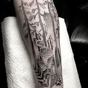 Tattoo Forest Spirit on the forearm motif: demons style: dotwork