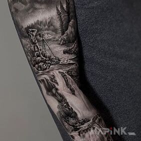 Tattoo Rest by the waterfall on the upper arm motif: sleeves style: realistic