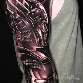 Tattoo Thor and Iron Man on the forearm motif: faces style: realistic