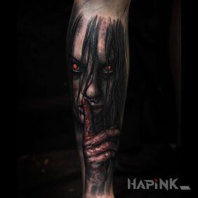 Tattoo Possessed girl on the forearm motif: characters style: realistic