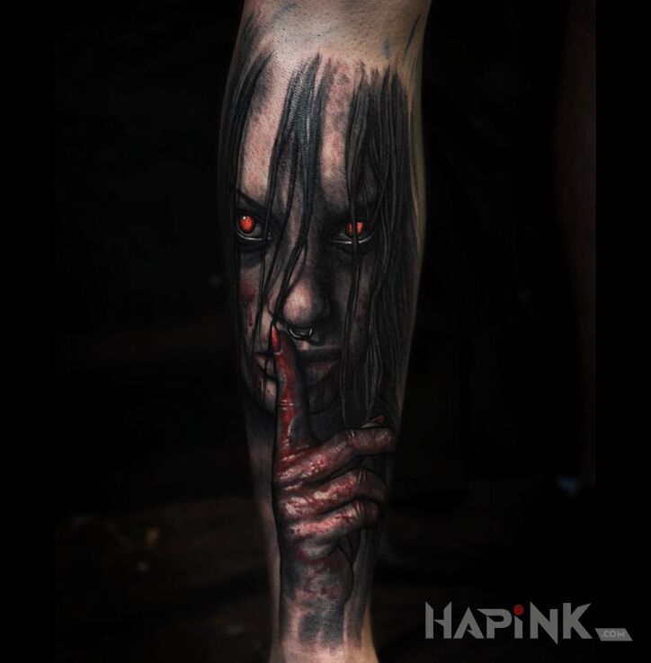 Tattoo Opętana dziewczynka in 3D motif and realistic style on the forearm