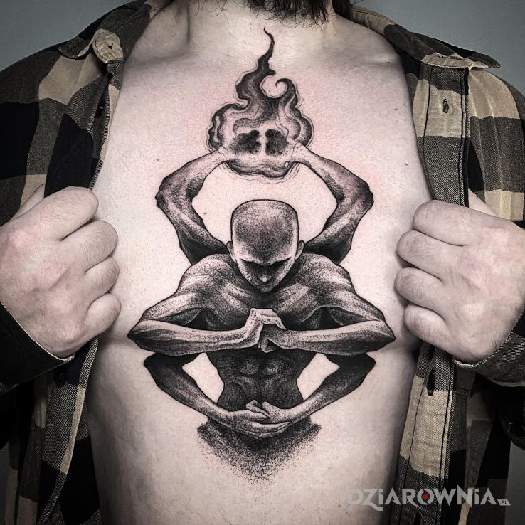 Tatuaż siła ducha w motywie czarno-szare i stylu graficzne / ilustracyjne na brzuchu