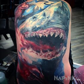Tattoo Bloodthirsty shark on the back motif: animals style: realistic