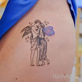Tattoo Angel with a fairy on the ribs motif: black and gray style: graphic / illustrative