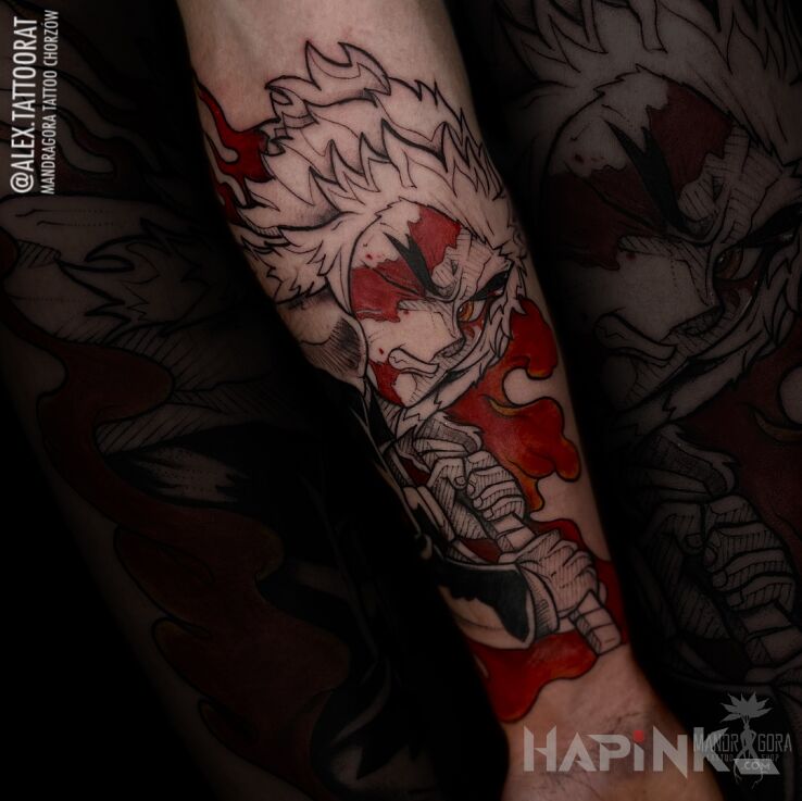 Tattoo Rengoku in demons motif and graphic / illustrative style on the forearm
