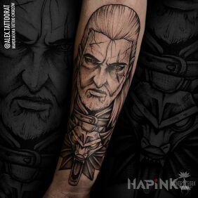Tattoo Geralt the Witcher on the forearm motif: objects style: surrealistic