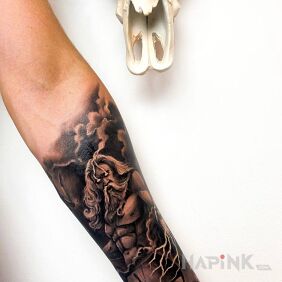 Tattoo God Poseidon On the arm motif: black and gray style: realistic